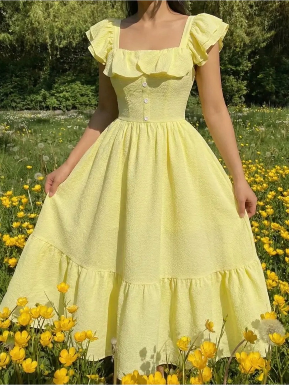 Ladies Yellow Square-Neck Ruffle Maxi Dress Large